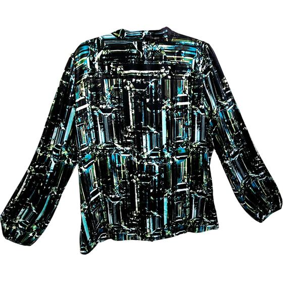Worthington Women's L Tall Long Sleeve Abstract Button Up Black Blue Disco Top - Picture 5 of 7